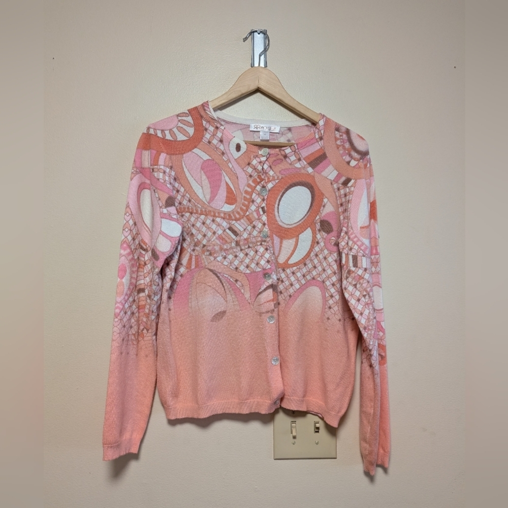Renuar Abstract Print Cardigan Sweater Women's Medium Pink Lightweight